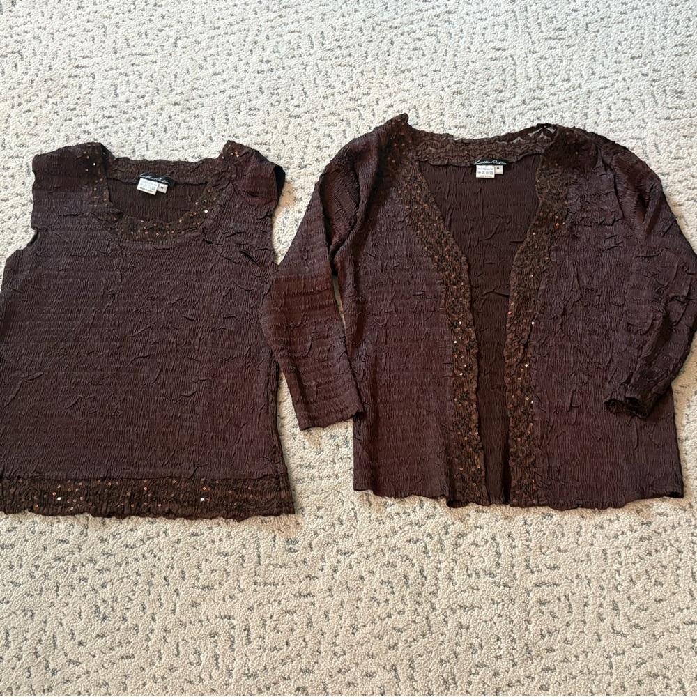 Vintage Lillian Rubin top and cardigan set lightweight chocolate brown - Picture 2 of 3